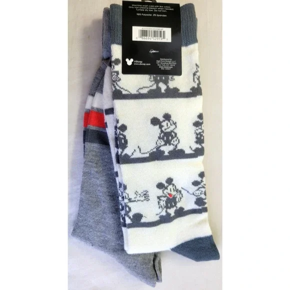 Disney Mickey Mouse Men's Crew Socks 2 Pack Large 10-13 Gray Red White Stretch - Picture 4 of 5